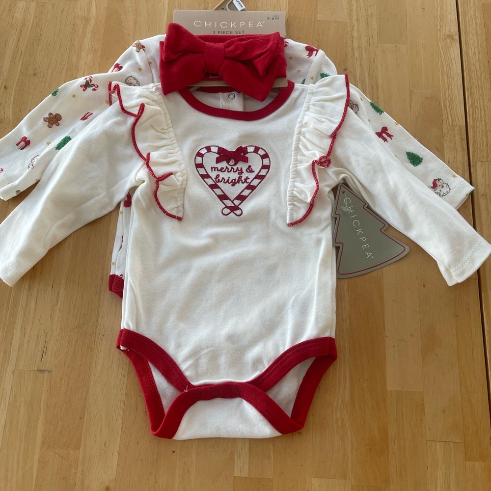 NEW! Chickpea Baby Merry & Bright One Piece Outfits W/ Hair Bow 3/6mos